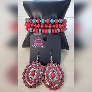Paparazzi Red and Turquoise Beaded Bracelet Set